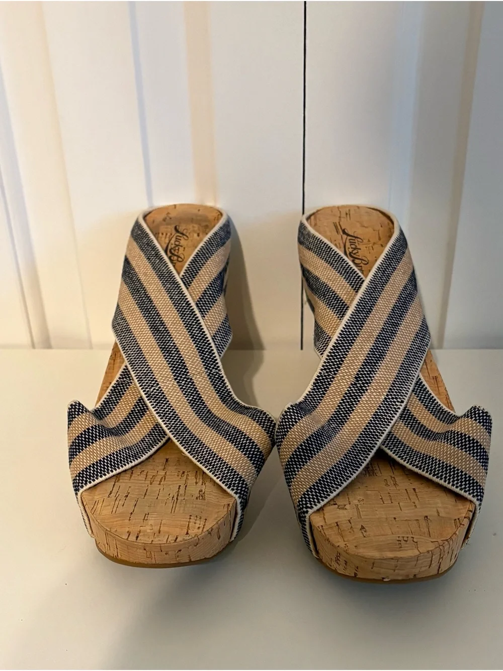 LUCKY BRAND Striped Cork Wedge Slide Sandals - Navy/Tan